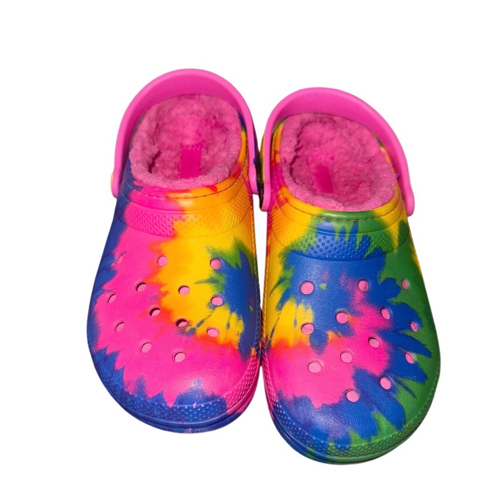 Crocs fur lined CLASSIC Tie Dye kids clogs shoes girl’s shoes size 4 - Picture 13 of 13